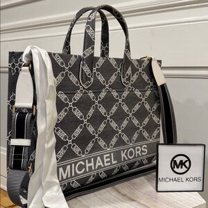 Michael Kors Bag Gigi Large Empire Logo Jacquard Gray White Tote